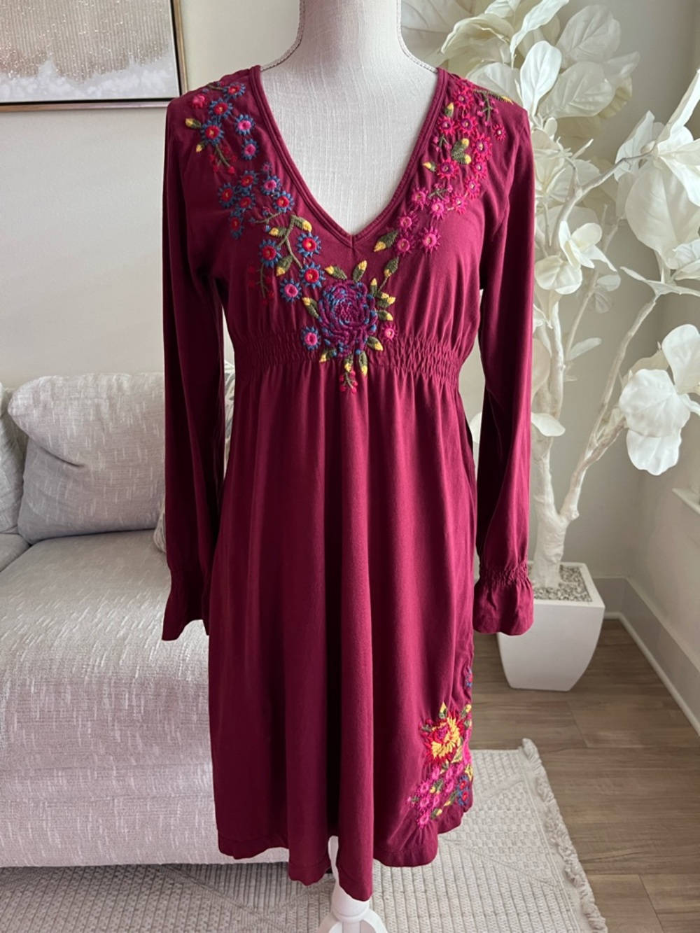 Johnny Was Floral Embroidered V-Neck Long-Sleeve Midi Dress in Red Wine Size L